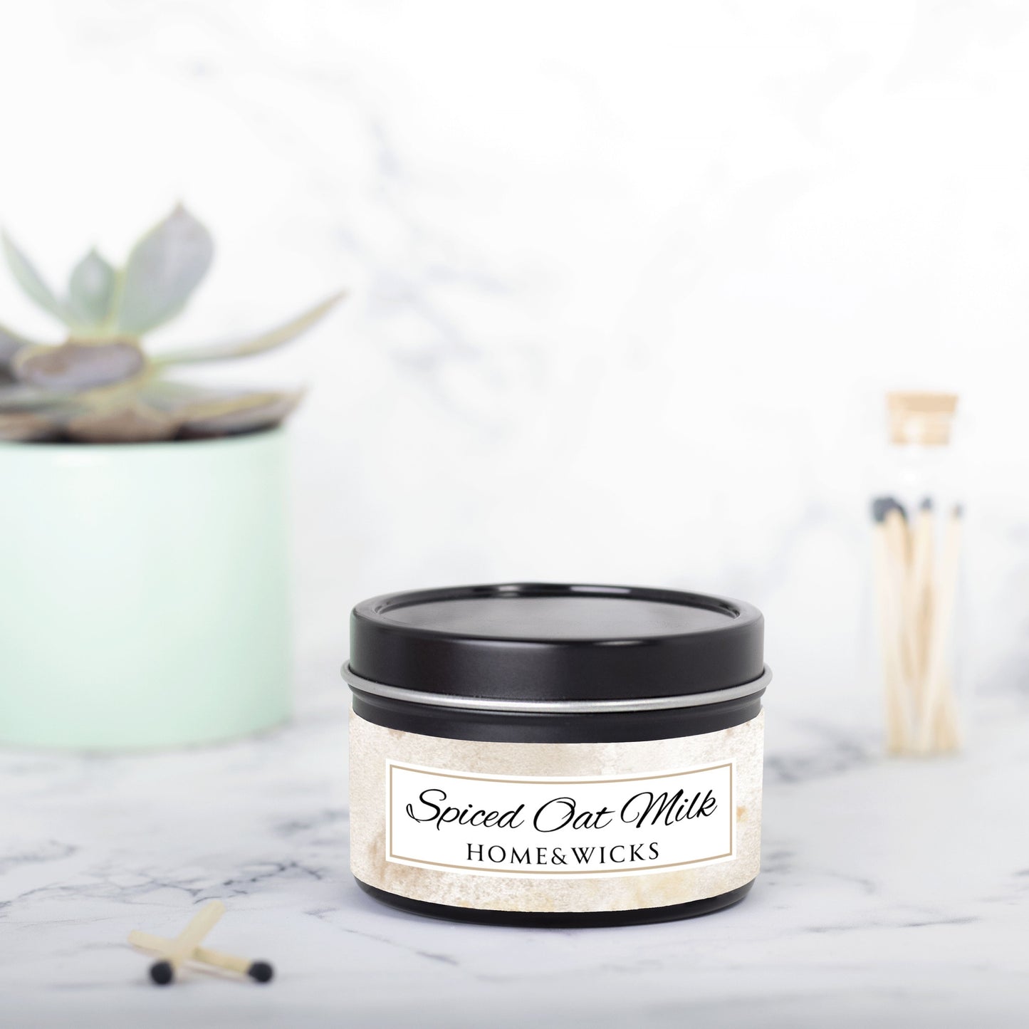 Spiced Oat Milk Scented Coconut Soy Wax Candle, 4 oz. Black Tin Jar with Lid - Cinnamon Scented Candle, Cozy Candle, Gourmand Spice Candle