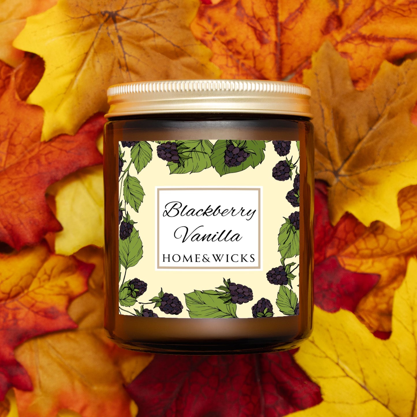Blackberry Vanilla Coconut Apricot Wax Candle, 9 oz Amber Jar, Gold Wood Lid - Fruity Scented Candle, Fruit Decor Gift, Cozy Aromatherapy