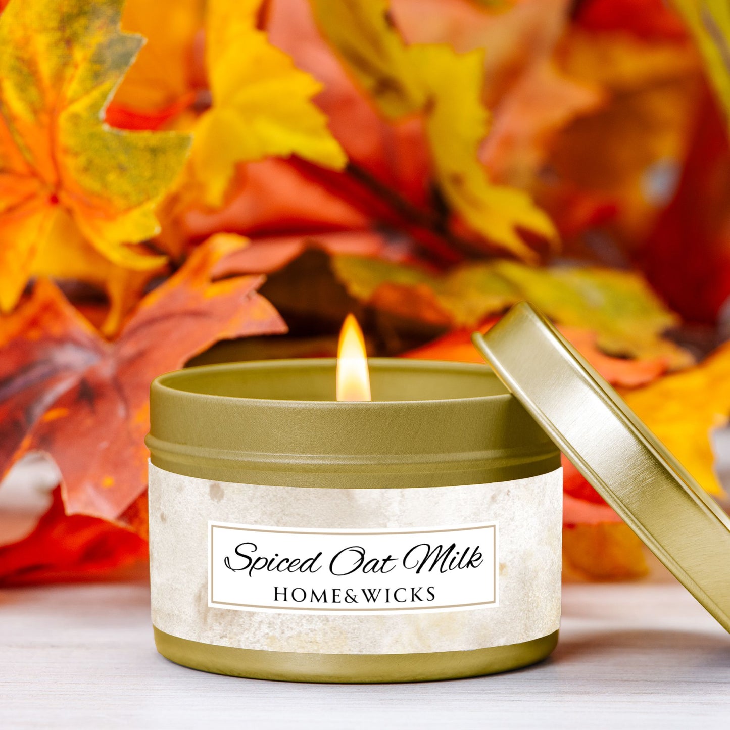 Spiced Oat Milk Coconut Soy Wax Candle, 4 oz. Gold Tin Jar with Lid - Cinnamon Scented Candle, Cozy Candle, Gourmand Spice Candle