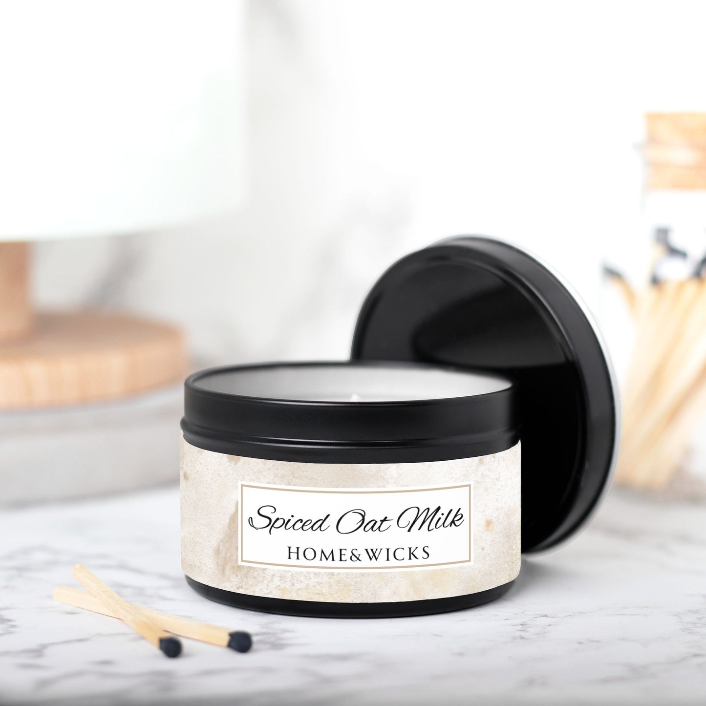 Spiced Oat Milk Coconut Soy Wax Candle, 8 oz. Black Tin Jar with Lid - Cinnamon Scented Candle, Cozy Candle, Gourmand Spice Candle