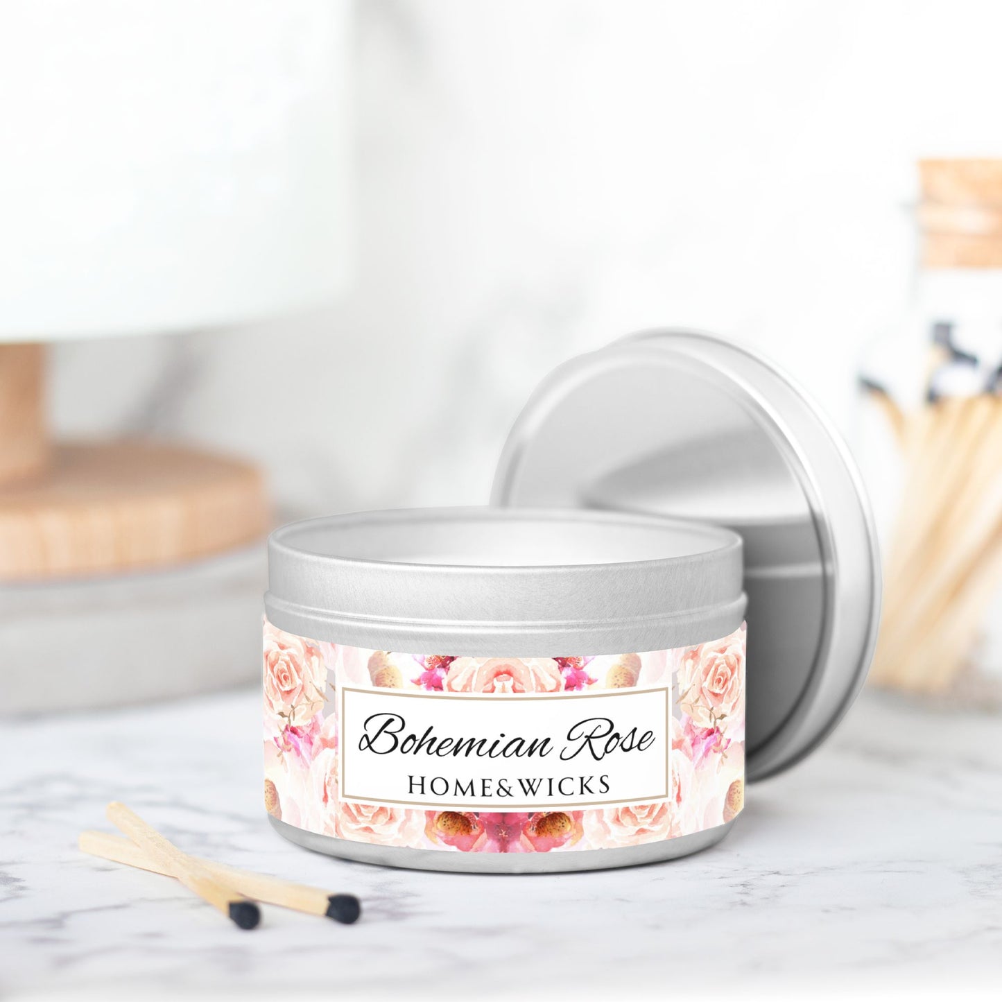 Bohemian Rose Coconut Soy Wax Candle, 8 oz. Silver Tin Jar with Lid - Rose Scented Candle, Floral Candle, Valentines Day Gift
