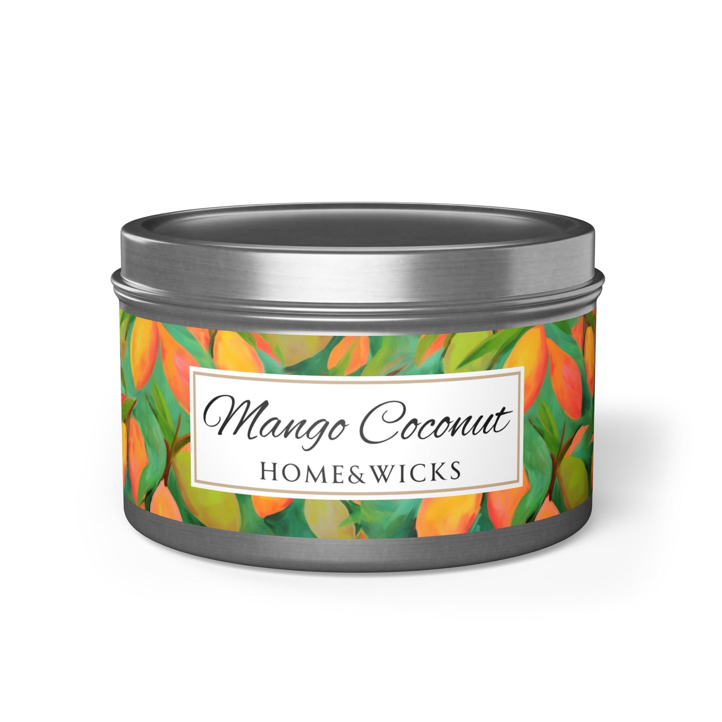 Mango Coconut Scented Coconut Apricot Wax Candle, 8 oz. Silver Tin Jar with Lid - Fruity Candle, Gift for Her, Tropical Candle, Summer Decor