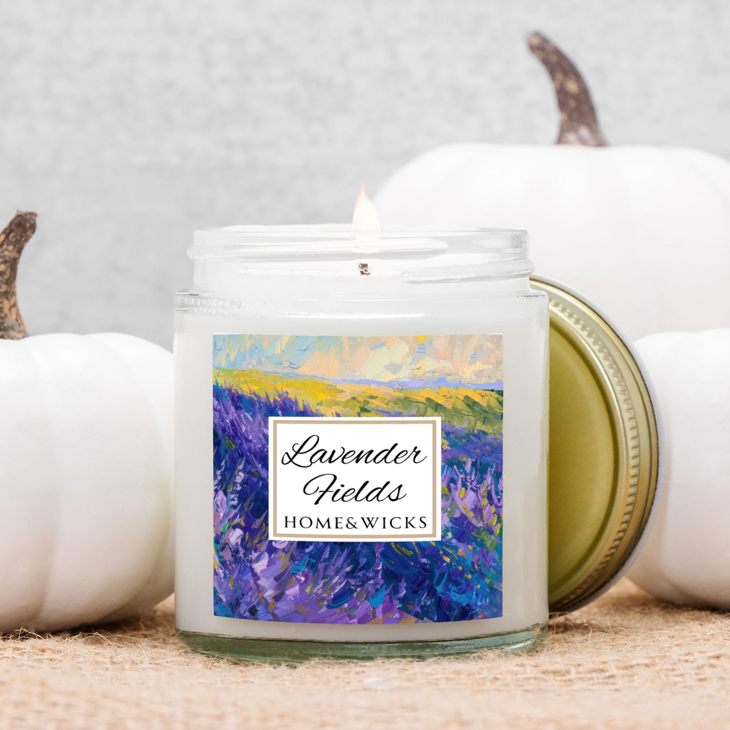 Lavender Fields Coconut Apricot Wax Candle, 4 oz. Clear Jar with Gold Lid - Lavender Scented Candle, Lavender Home Decor, Spa Floral Candle