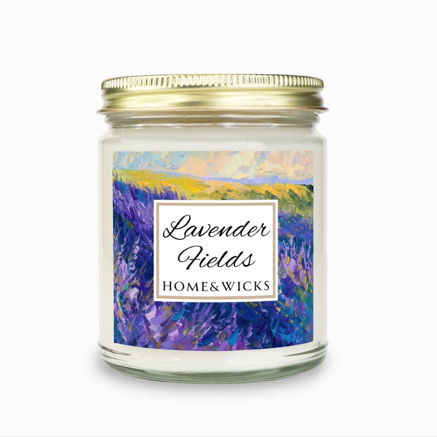 Lavender Fields Coconut Apricot Wax Candle, 9 oz. Clear Jar with Gold Lid - Lavender Scented Candle, Lavender Home Decor, Spa Floral Candle