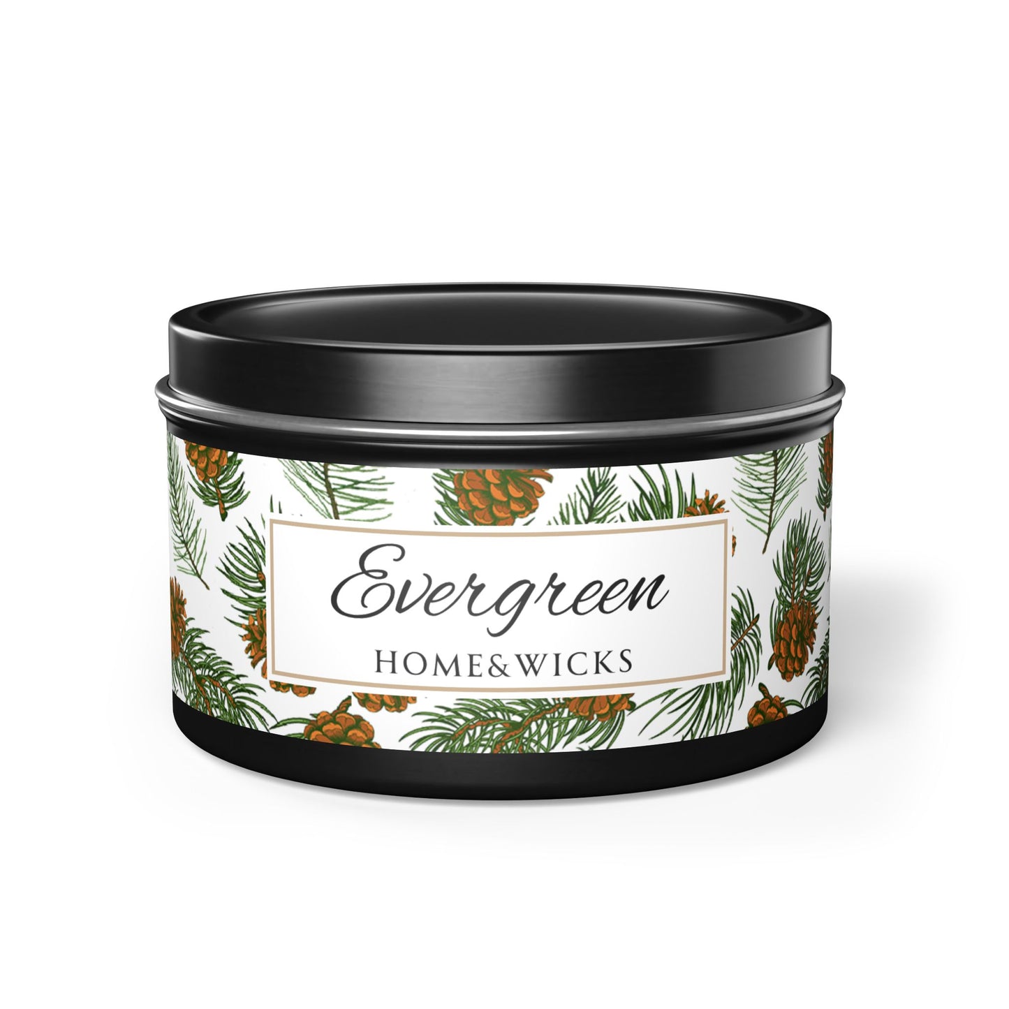 Evergreen Scented Coconut Soy Wax Candle, 8 oz. Black Tin Jar with Lid - Winter Home Decor, Seasonal Candles for Holiday Celebrations, Christmas Candle