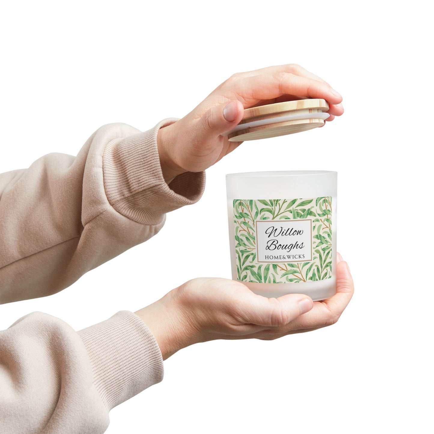 Willow Boughs Scented Coconut Soy Blended Wax Candle, 11 oz. Frosted Jar with Wood Wick and Maple Wood Lid - Morris Home Decor, Willow Branch Design, Spa Day Candle, Unique Gift Idea