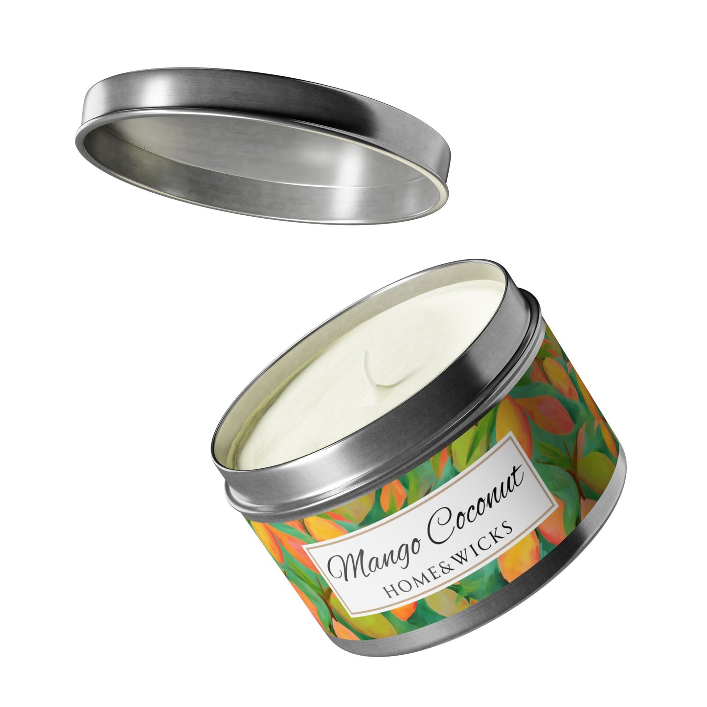 Mango Coconut Scented Coconut Apricot Wax Candle, 8 oz. Silver Tin Jar with Lid - Fruity Candle, Gift for Her, Tropical Candle, Summer Decor
