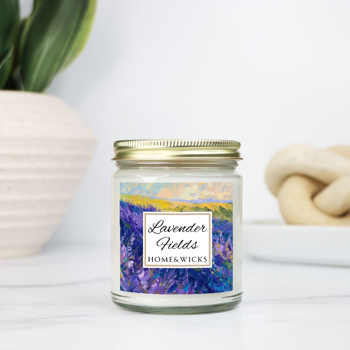 Lavender Fields Coconut Apricot Wax Candle, 9 oz. Clear Jar with Gold Lid - Lavender Scented Candle, Lavender Home Decor, Spa Floral Candle