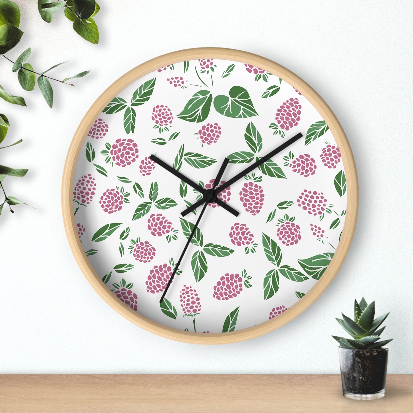 Pink Berry Wall Clock - Select from Black, White or Natural Wood Color