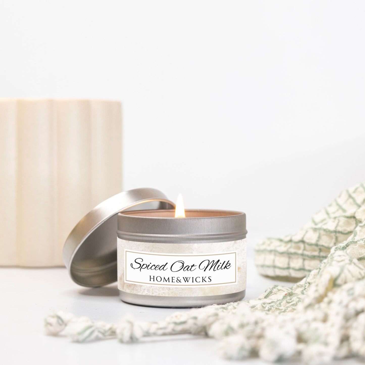 Spiced Oat Milk Coconut Soy Wax Candle, 4 oz. Silver Tin Jar with Lid - Cinnamon Scented Candle, Cozy Candle, Gourmand Spice Candle
