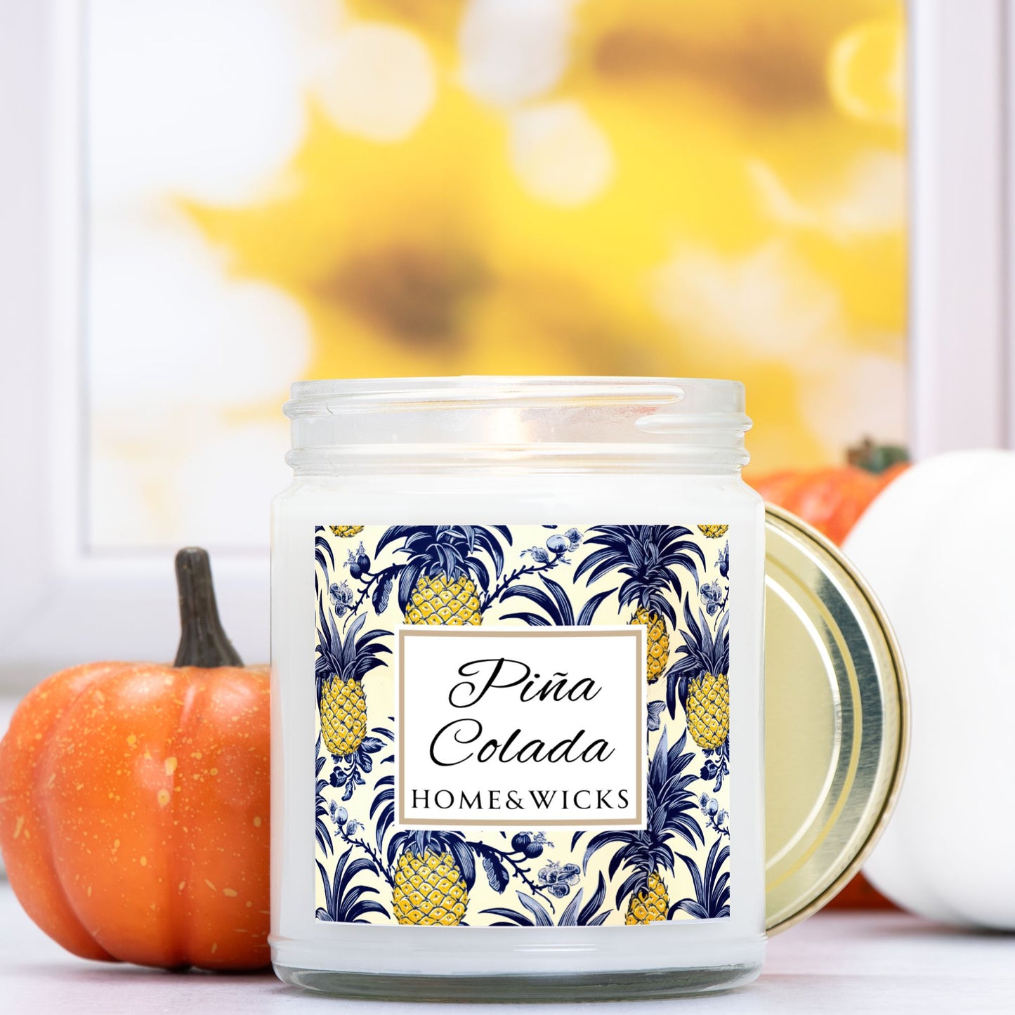 Piña Colada Coconut Apricot Wax Candle, 9 oz. Clear Jar with Gold Lid - Tropical Scented Candle, Fruity Candle, Tropical Decor