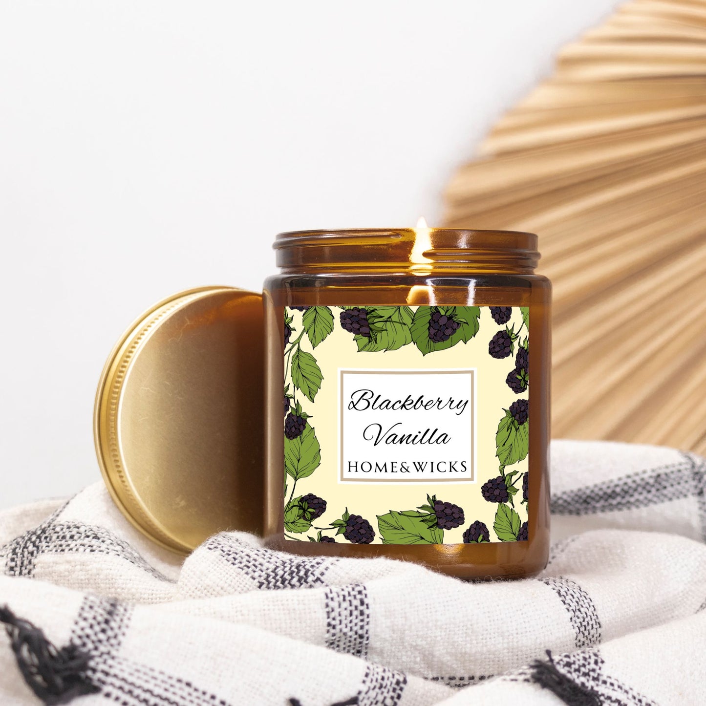 Blackberry Vanilla Coconut Apricot Wax Candle, 9 oz Amber Jar, Gold Wood Lid - Fruity Scented Candle, Fruit Decor Gift, Cozy Aromatherapy