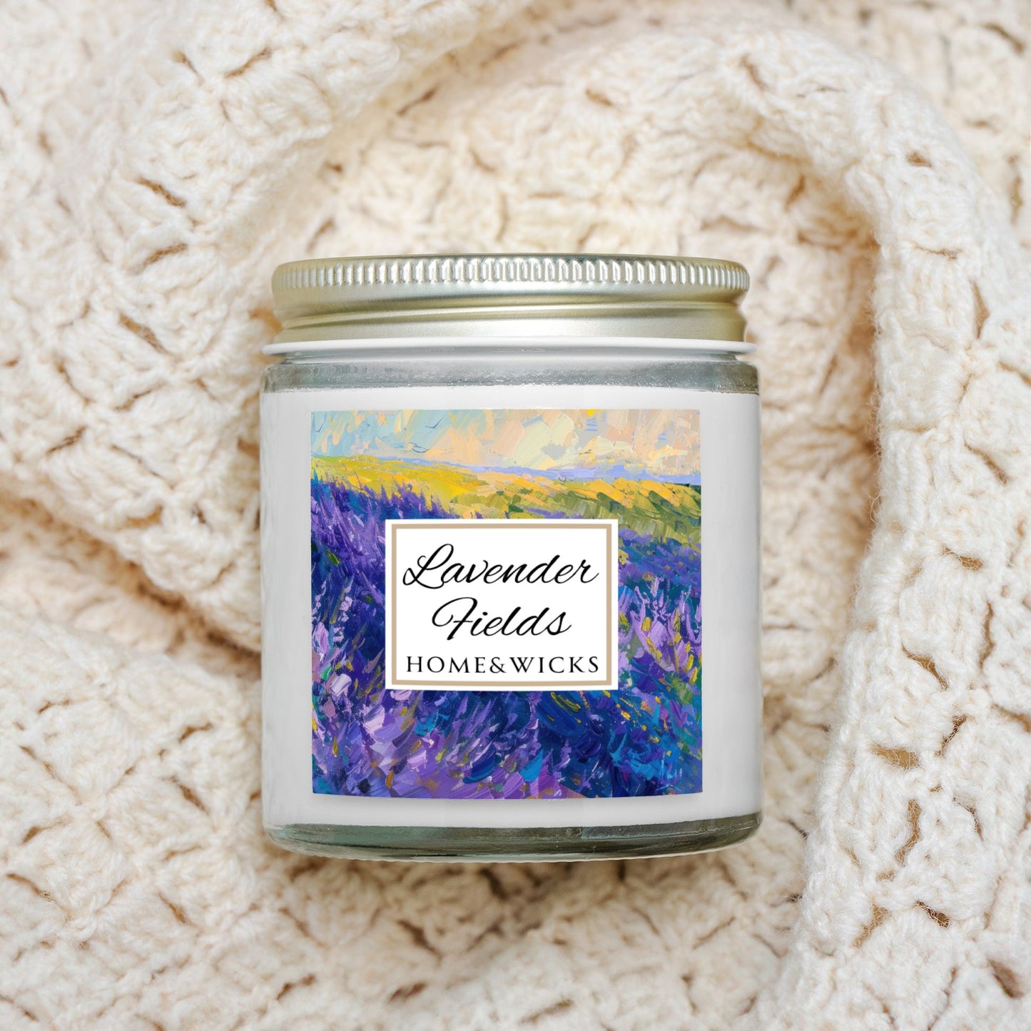 Lavender Fields Coconut Apricot Wax Candle, 4 oz. Clear Jar with Gold Lid - Lavender Scented Candle, Lavender Home Decor, Spa Floral Candle