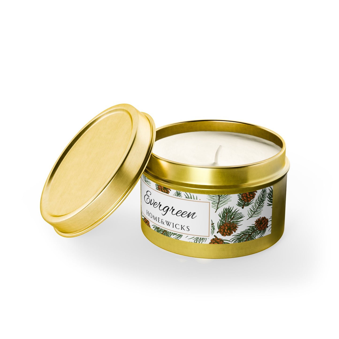 Evergreen Scented Coconut Soy Wax Candle, 4 oz. Gold Tin Jar with Lid - Winter Home Decor, Seasonal Candles for Holiday Celebrations, Christmas Candle