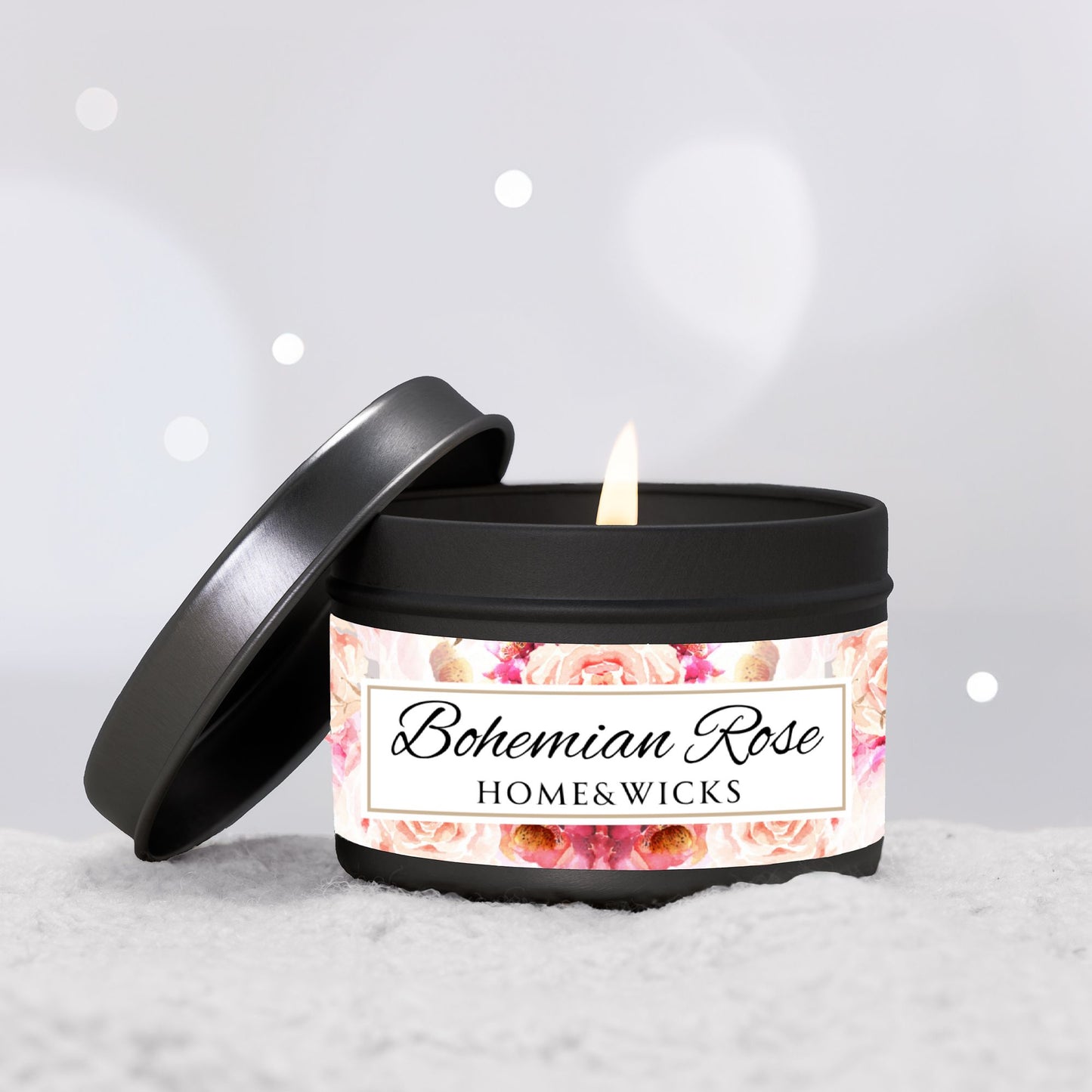 Bohemian Rose Coconut Soy Wax Candle, 4 oz. Black Tin Jar with Lid - Rose Scented Candle, Floral Candle, Valentines Day Gift