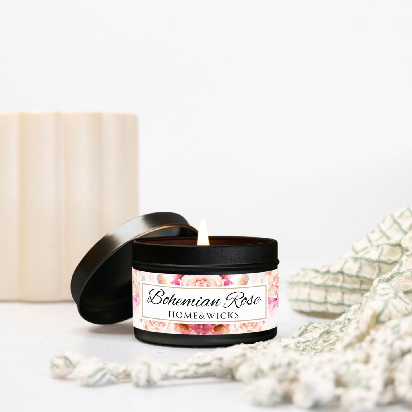 Bohemian Rose Coconut Soy Wax Candle, 4 oz. Black Tin Jar with Lid - Rose Scented Candle, Floral Candle, Valentines Day Gift