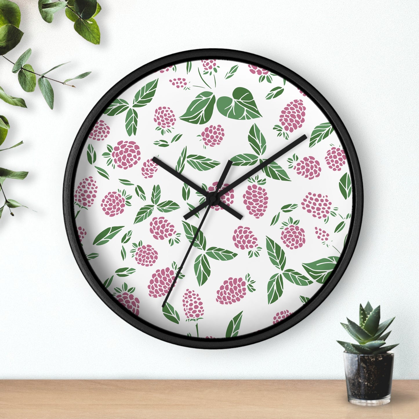 Pink Berry Wall Clock - Select from Black, White or Natural Wood Color