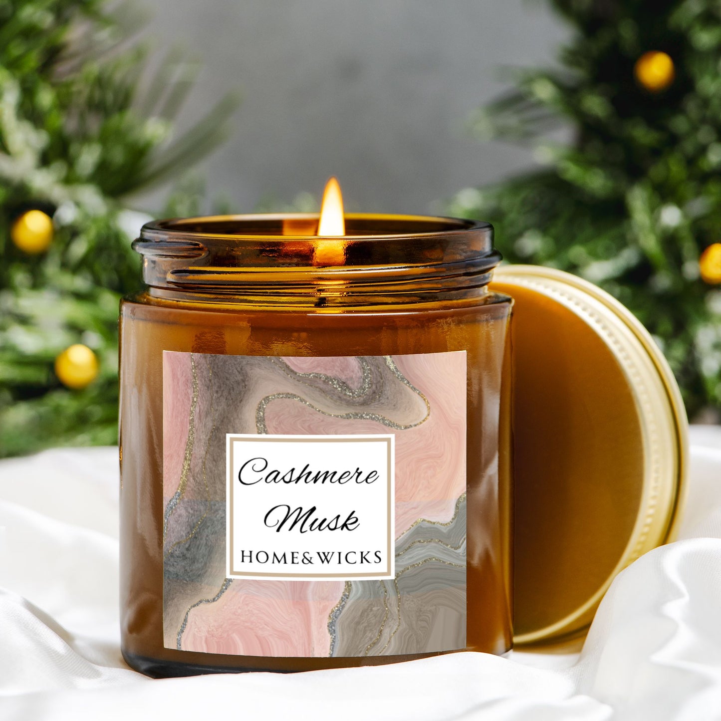 Cashmere Musk Coconut Apricot Wax Candle, 4 oz Amber Jar with Gold Lid, Cotton Wick - Luxe Scented Candle, Calming Aroma, Musk Floral Candle