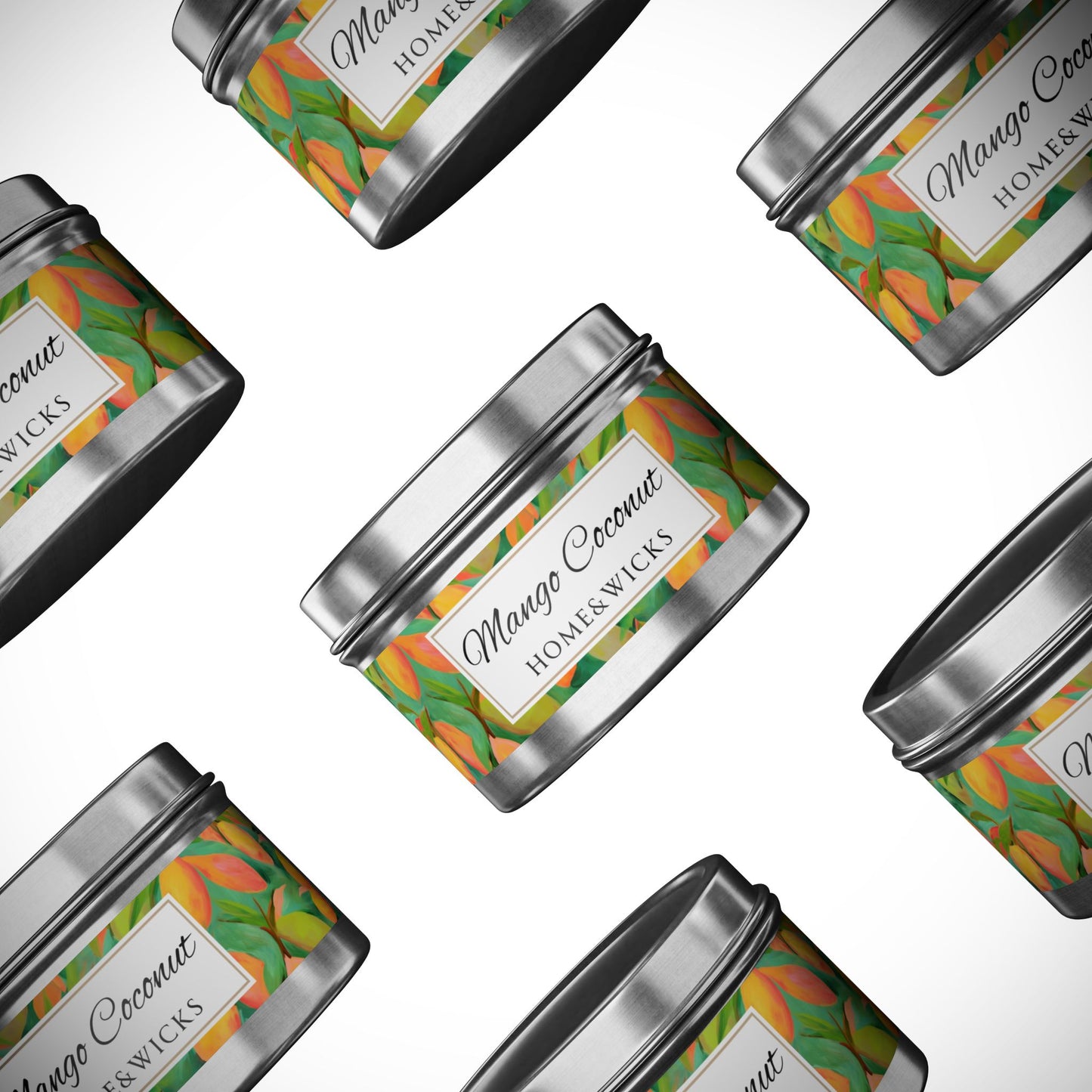 Mango Coconut Scented Coconut Soy Wax Candle, 4 oz. Silver Tin Jar with Lid - Fruity Candle, Gift for Her, Tropical Candle, Summer Decor