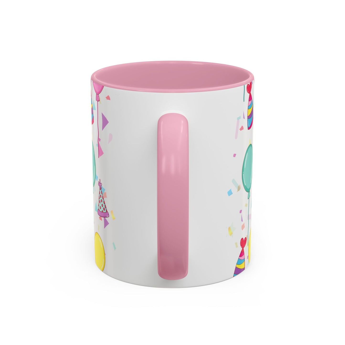 Happy Birthday mug with pink accent color with birthday hats, confetti and balloons pattern on a white background