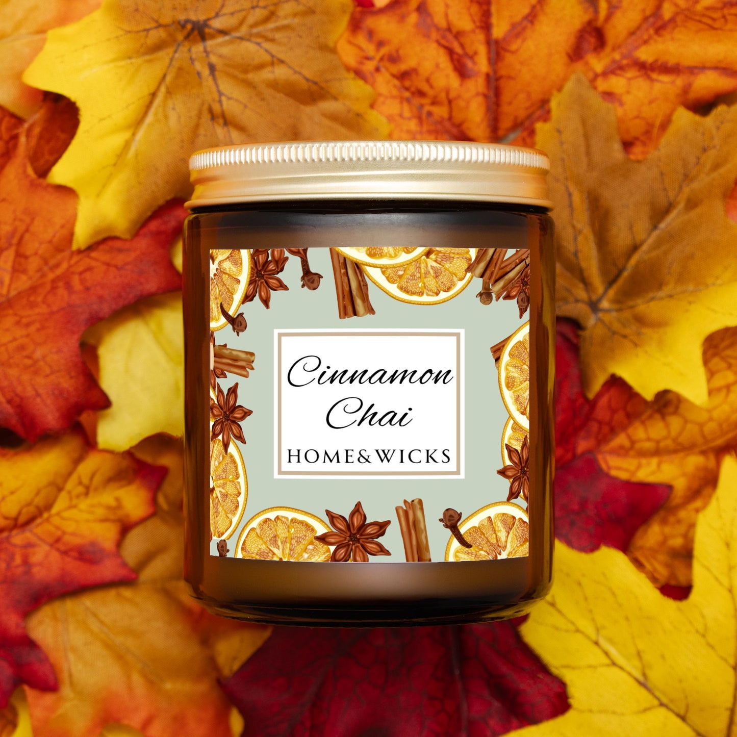 Cinnamon Chai Coconut Apricot Wax Candle, 9 oz. Amber Jar with Gold Lid, Cotton Wick- Cozy Aromatherapy, Spicy Scented Candle, Fall, Winter Candle