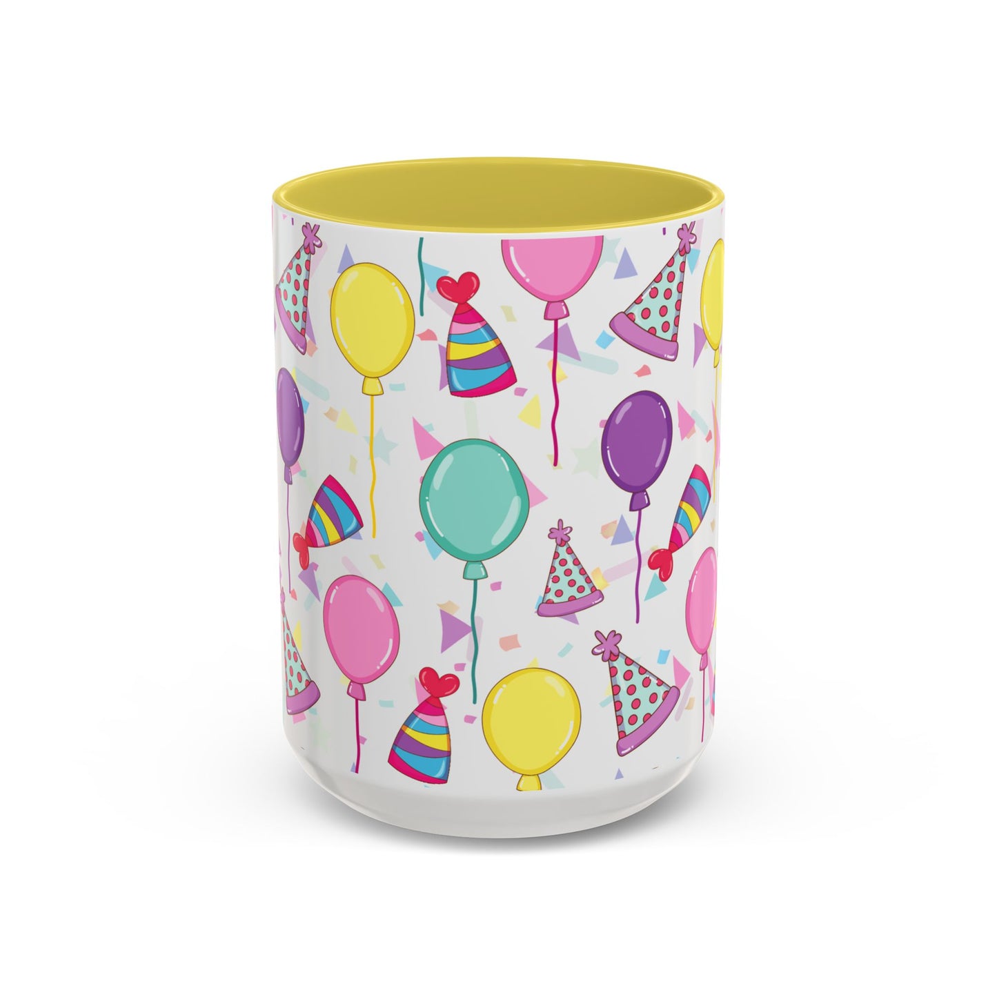 Happy Birthday mug with yellow accent color with birthday hats, confetti and balloons pattern on a white background