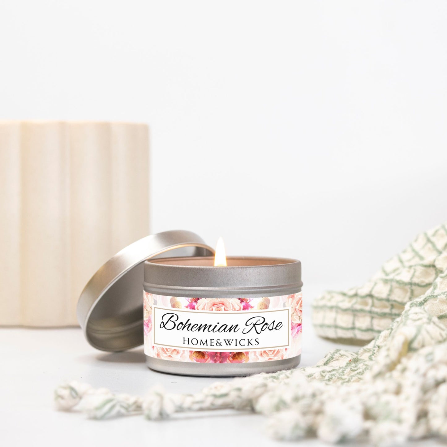 Bohemian Rose Coconut Soy Wax Candle, 4 oz. Silver Tin Jar with Lid - Rose Scented Candle, Floral Candle, Valentines Day Gift