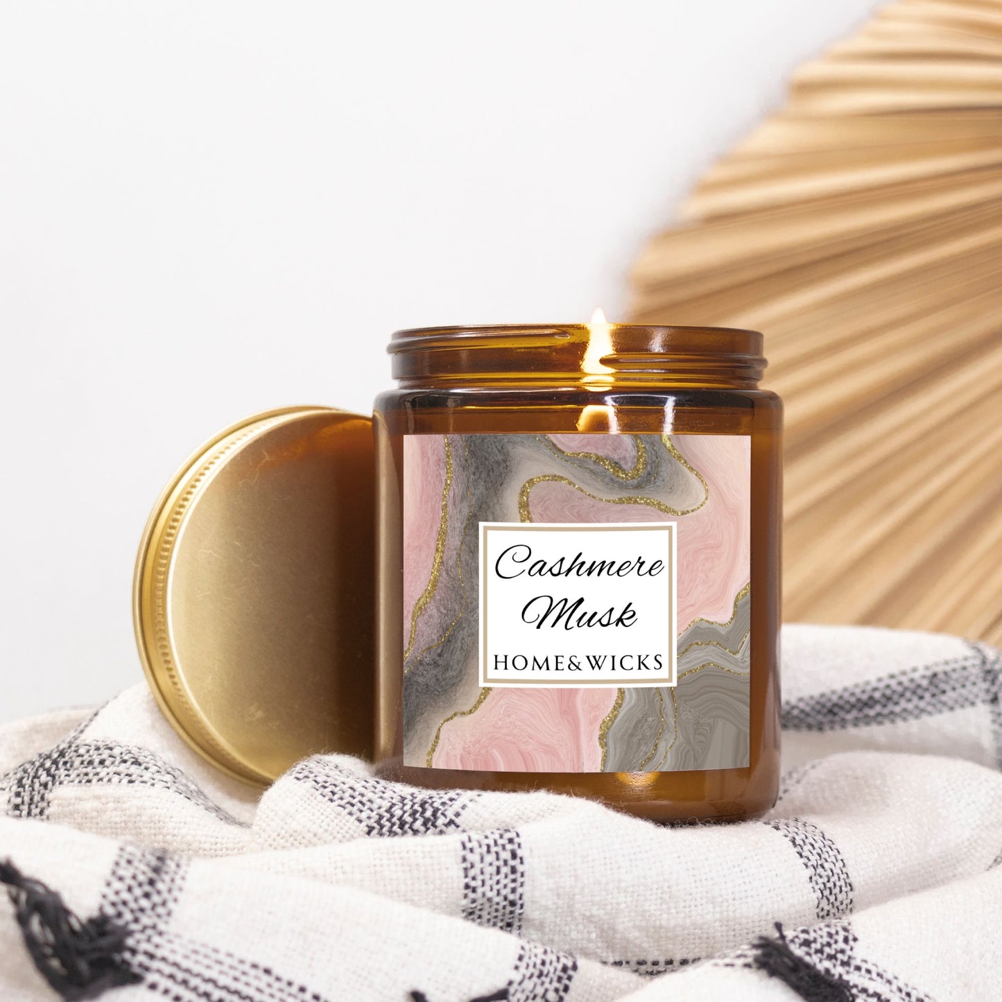 Cashmere Musk Coconut Apricot Wax Candle, Amber Jar with Gold Lid, Cotton Wick - Luxe Scented Candle, Calming Aroma, Musk Floral Candle