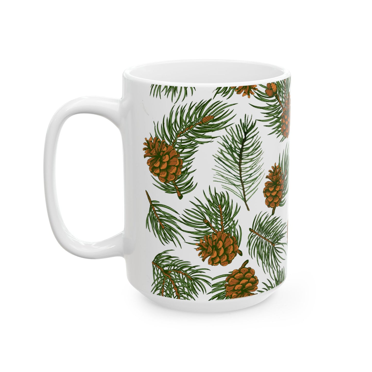 Needles & Cones Ceramic Mug - 11 oz. & 15 oz. options, Christmas Coffee Cup, Holiday Gift, Christmas Mug