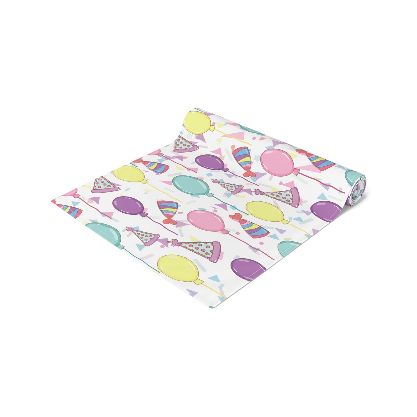 Rolled up Table runner with birthday hats, confetti and purple, yellow, blue and pink balloons on a white background
