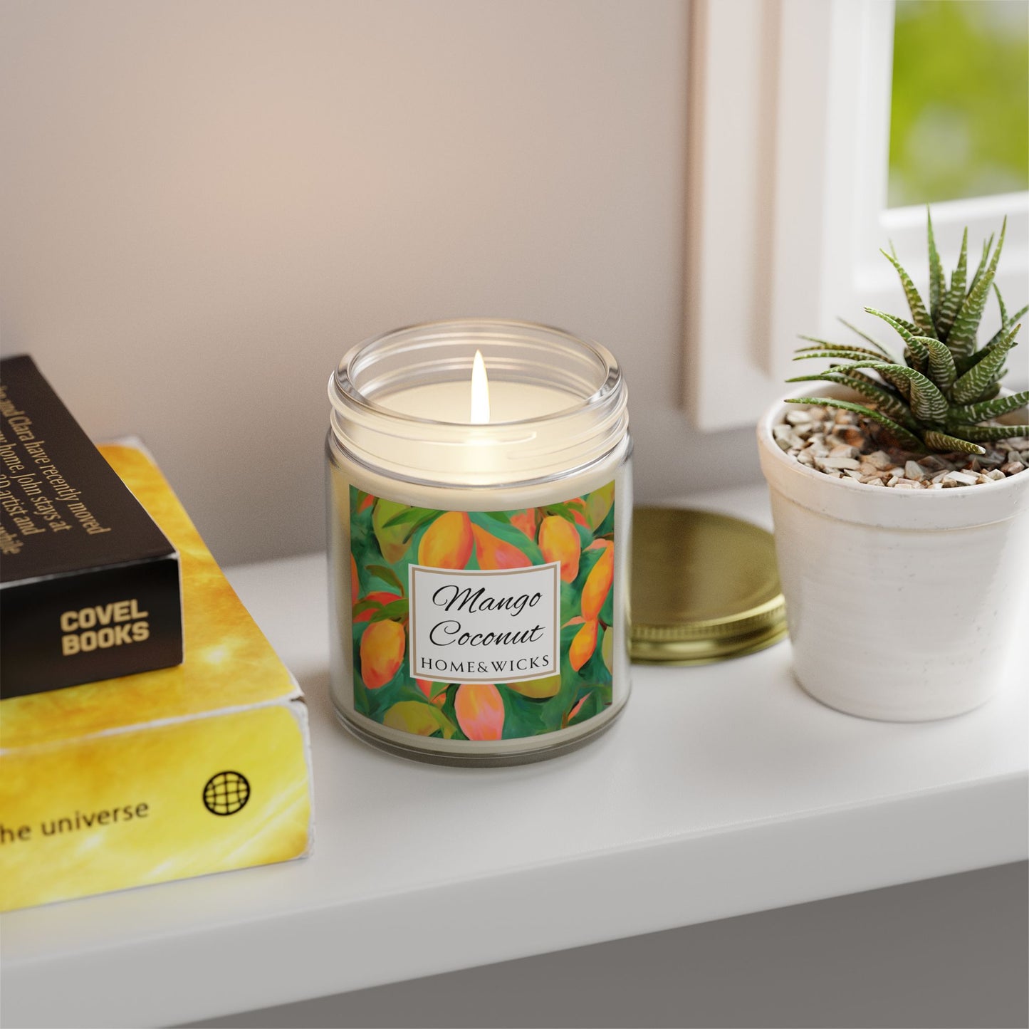 Mango Coconut Scented Coconut Apricot Wax Candle, 9 oz. Clear Jar with Gold Lid - Fruity Candle, Gift for Her, Tropical Candle