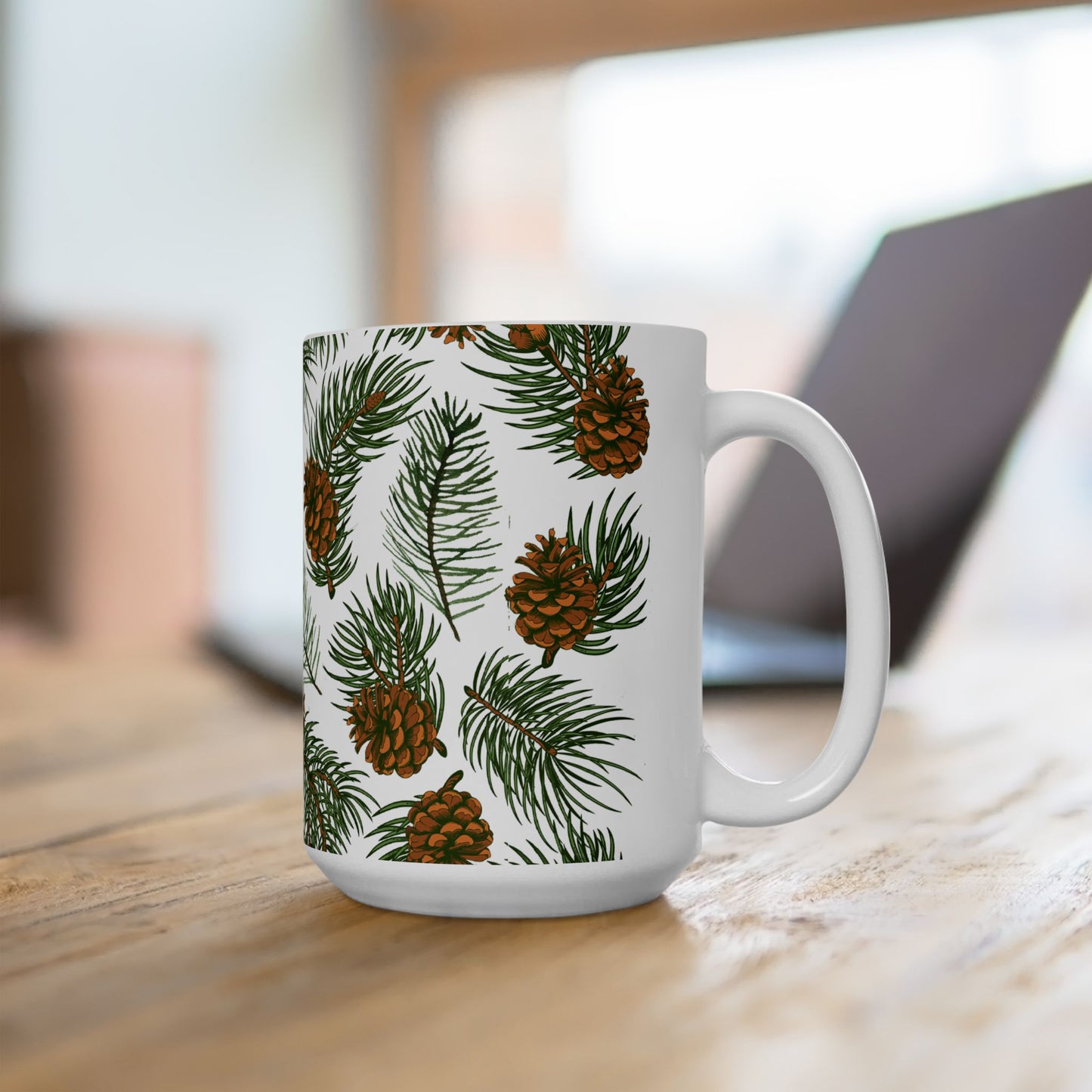 Needles & Cones Ceramic Mug - 11 oz. & 15 oz. options, Christmas Coffee Cup, Holiday Gift, Christmas Mug