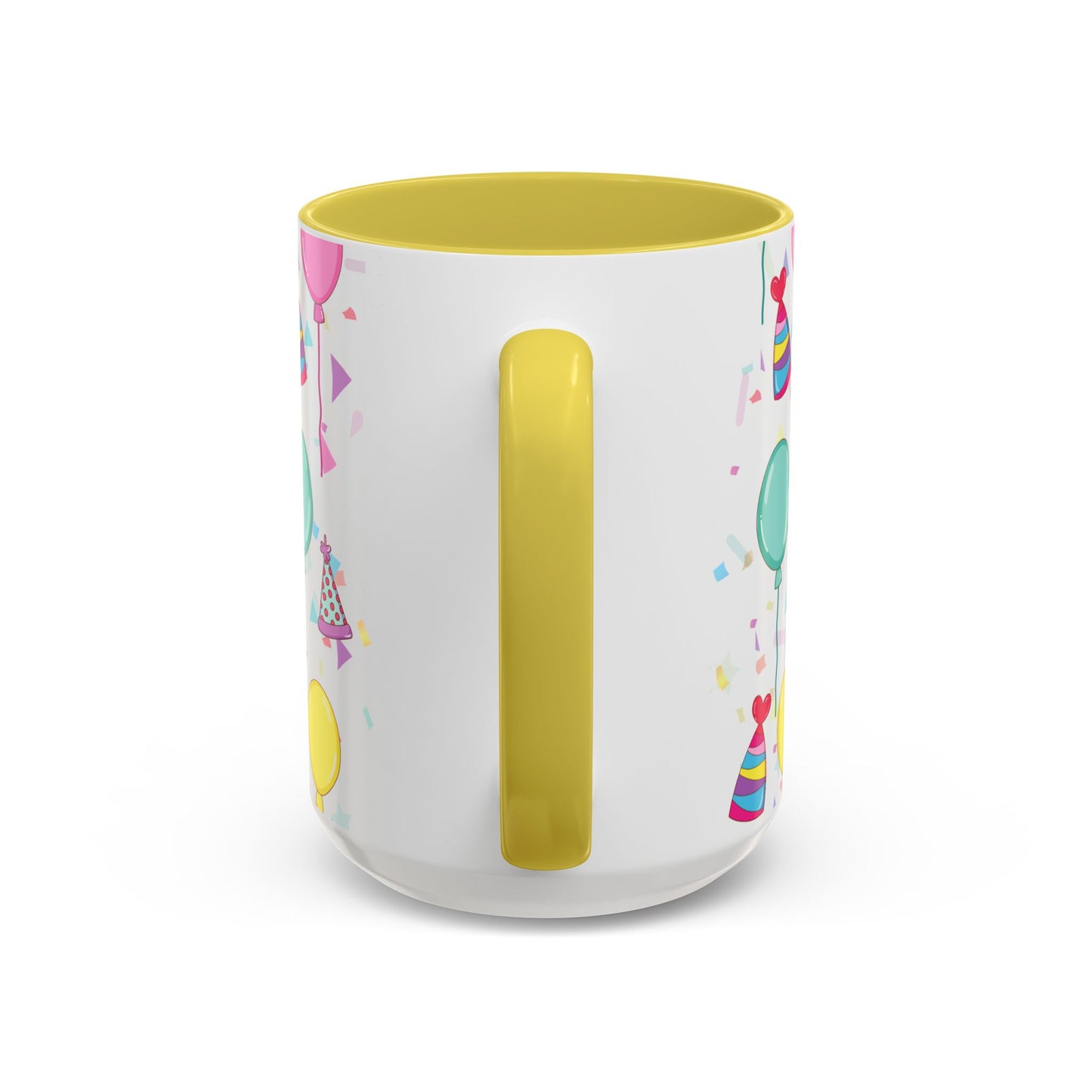 Happy Birthday mug with yellow accent color with birthday hats, confetti and balloons pattern on a white background