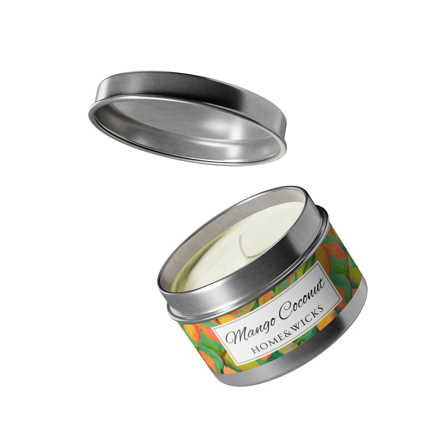 Mango Coconut Scented Coconut Soy Wax Candle, 4 oz. Silver Tin Jar with Lid - Fruity Candle, Gift for Her, Tropical Candle, Summer Decor