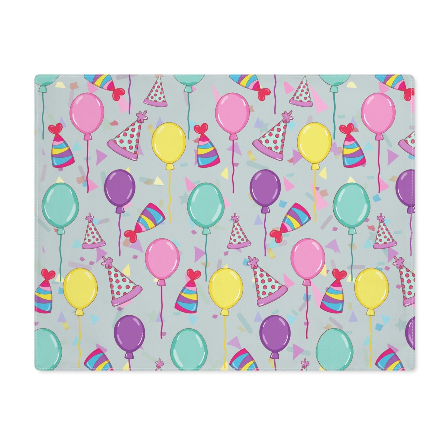 Happy Birthday placemat with with birthday hats, confetti and balloons pattern with a blue-green light cyan background on white background