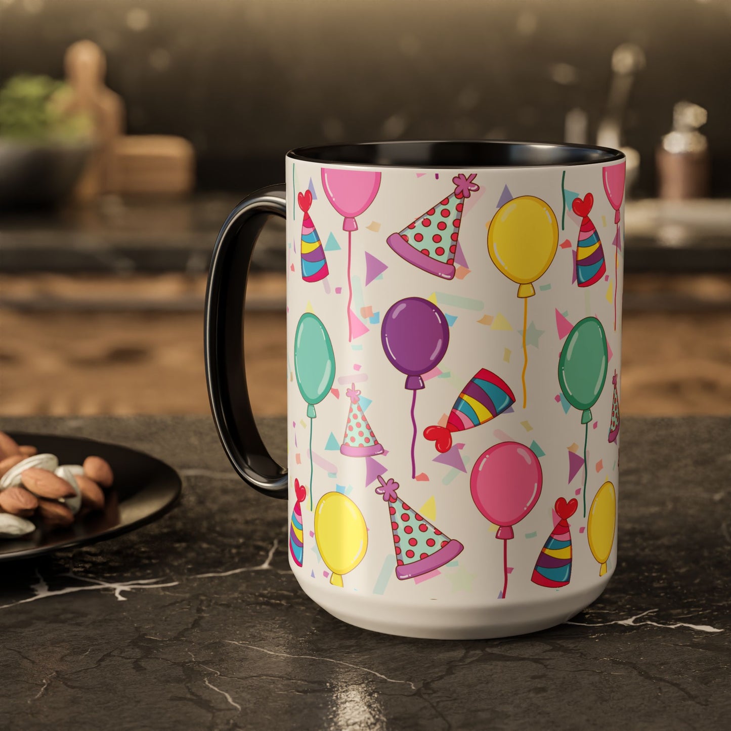 Happy Birthday mug with black accent color with birthday hats, confetti and balloons pattern on a white background on a dark table