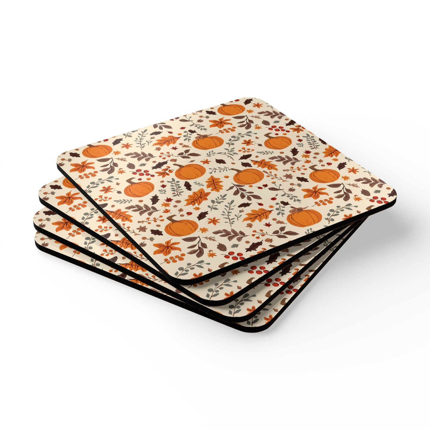 Fall Leaves & Pumpkins Coasters, Set of 4, Thanksgiving Coasters, Fall Table Decor, Coaster Gift Set, Cork Backed Coasters, Autumn Home Decor, Thanksgiving Drink Coasters
