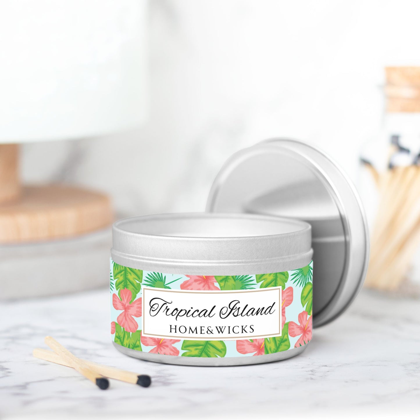 Tropical Island Scented Coconut Soy Wax Candle, 8 oz. Silver Tin Jar with Lid - Tropical Candle, Fruit Scented Candle, Tropical Decor