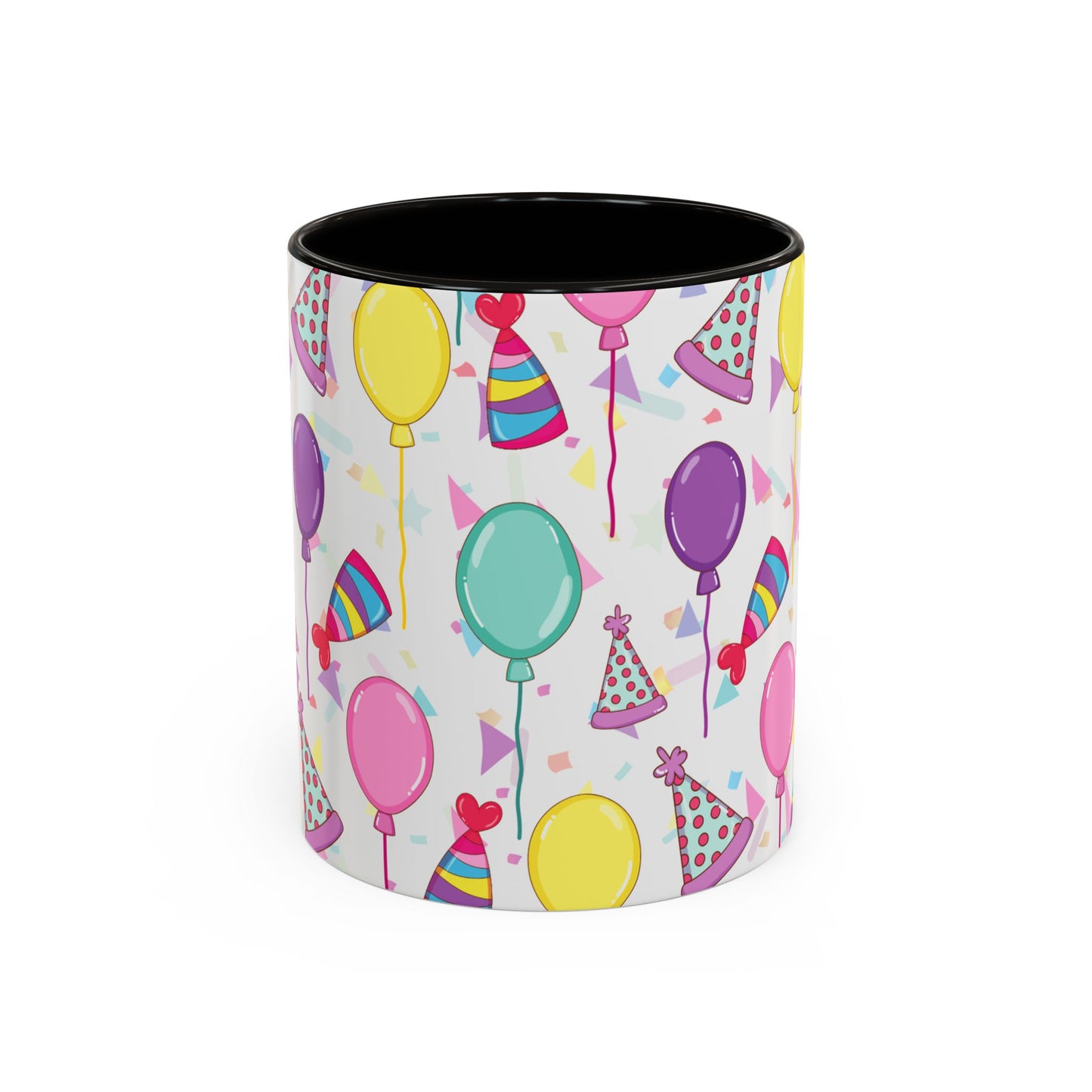 Happy Birthday mug with black accent color with birthday hats, confetti and balloons pattern on a white background