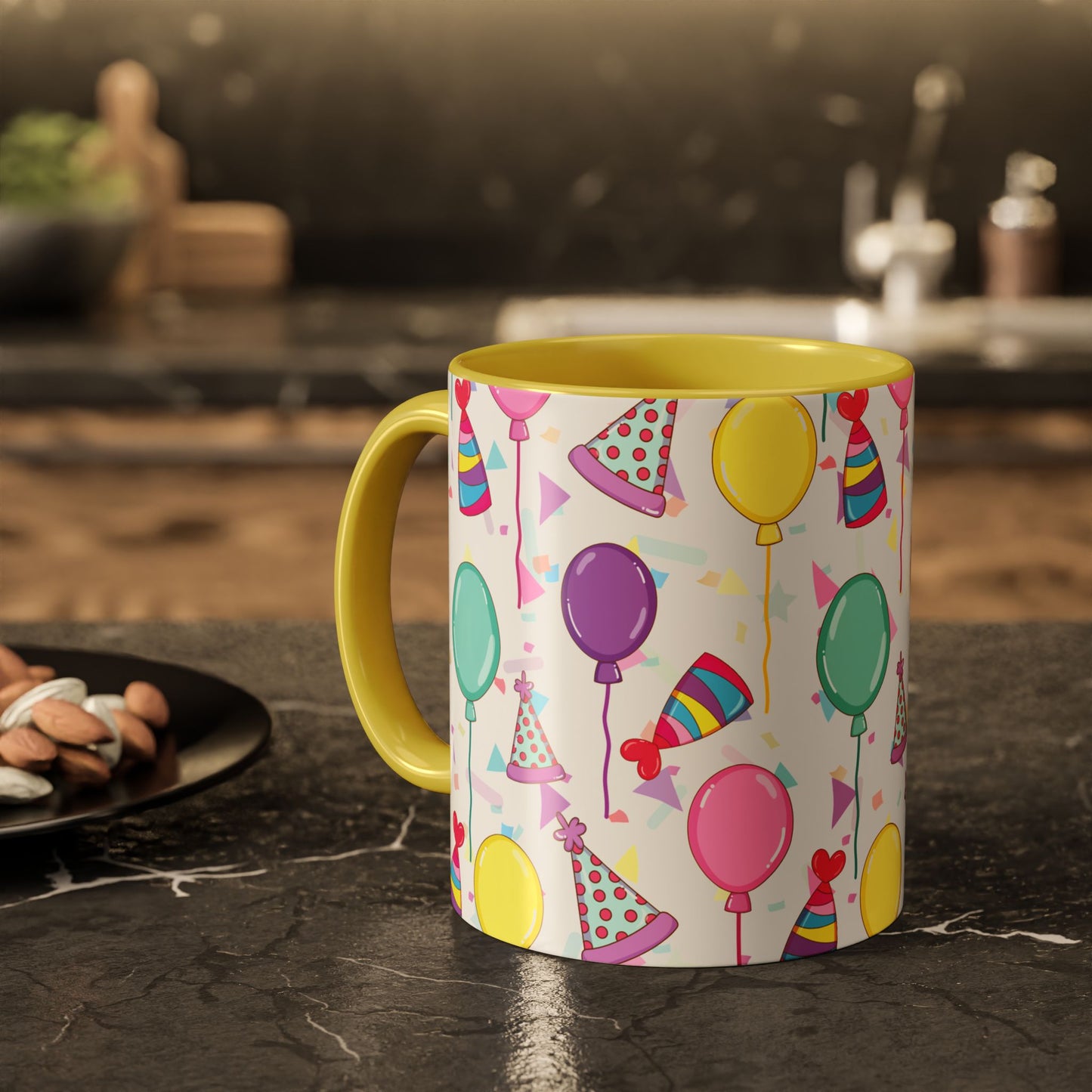 Happy Birthday mug with yellow accent color with birthday hats, confetti and balloons pattern on a white background on a dark table