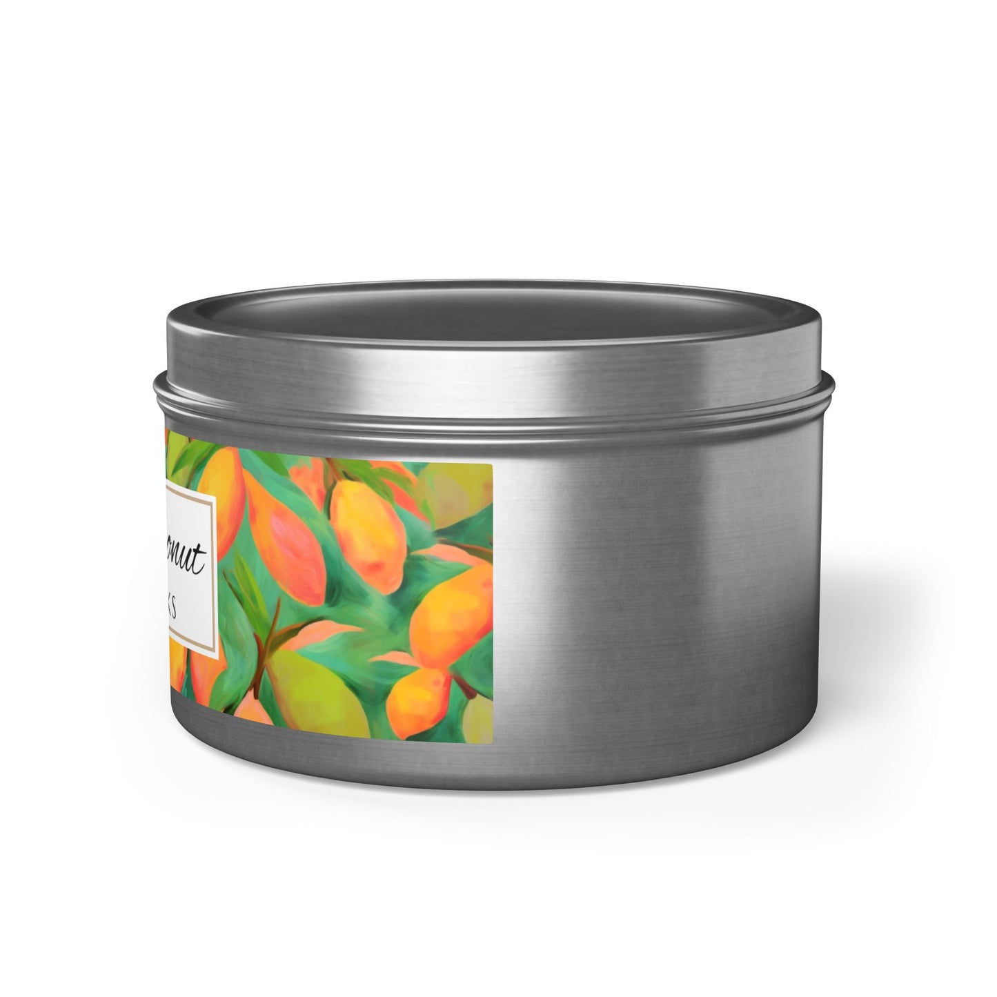 Mango Coconut Scented Coconut Apricot Wax Candle, 8 oz. Silver Tin Jar with Lid - Fruity Candle, Gift for Her, Tropical Candle, Summer Decor
