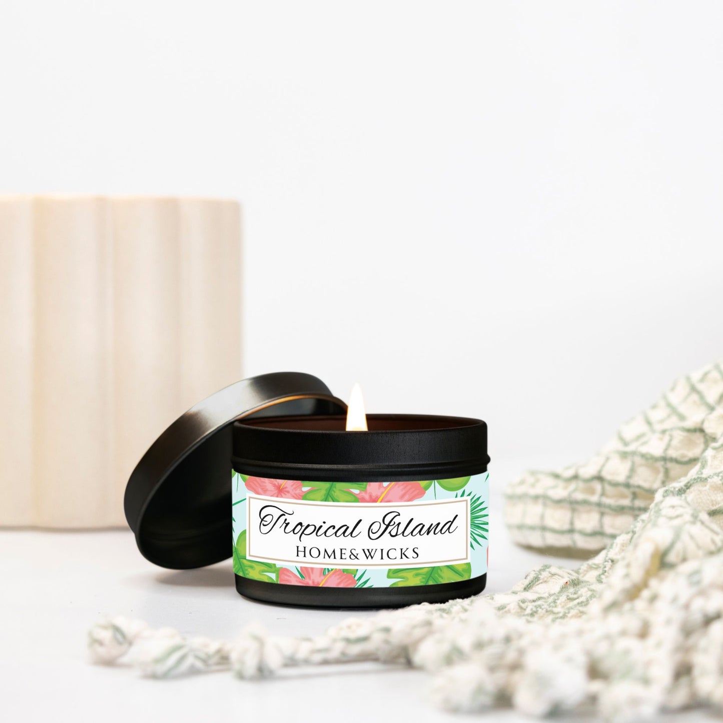 Tropical Island Coconut Soy Wax Candle, 4 oz. Black Tin Jar with Lid - Tropical Candle, Fruit Scented Candle, Tropical Decor