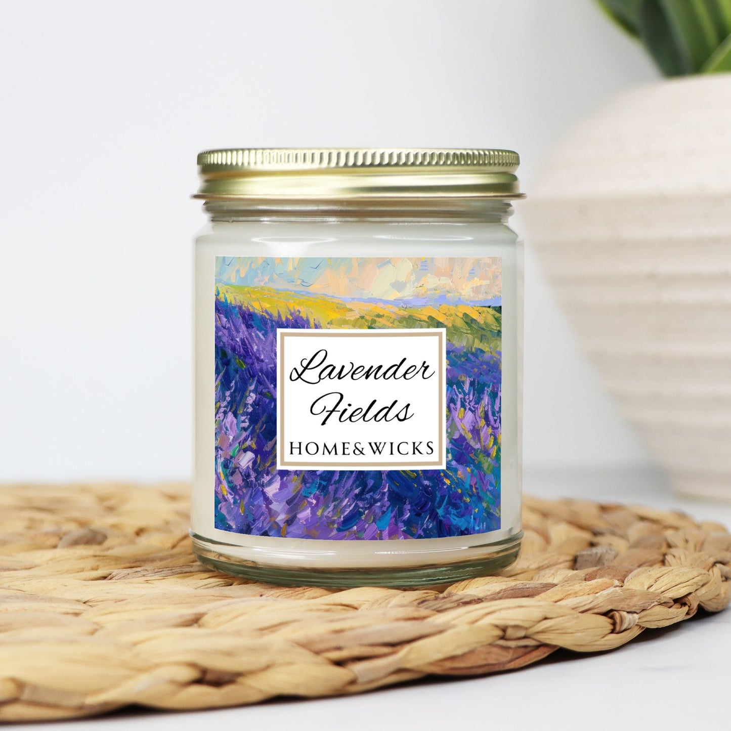 Lavender Fields Coconut Apricot Wax Candle, 9 oz. Clear Jar with Gold Lid - Lavender Scented Candle, Lavender Home Decor, Spa Floral Candle
