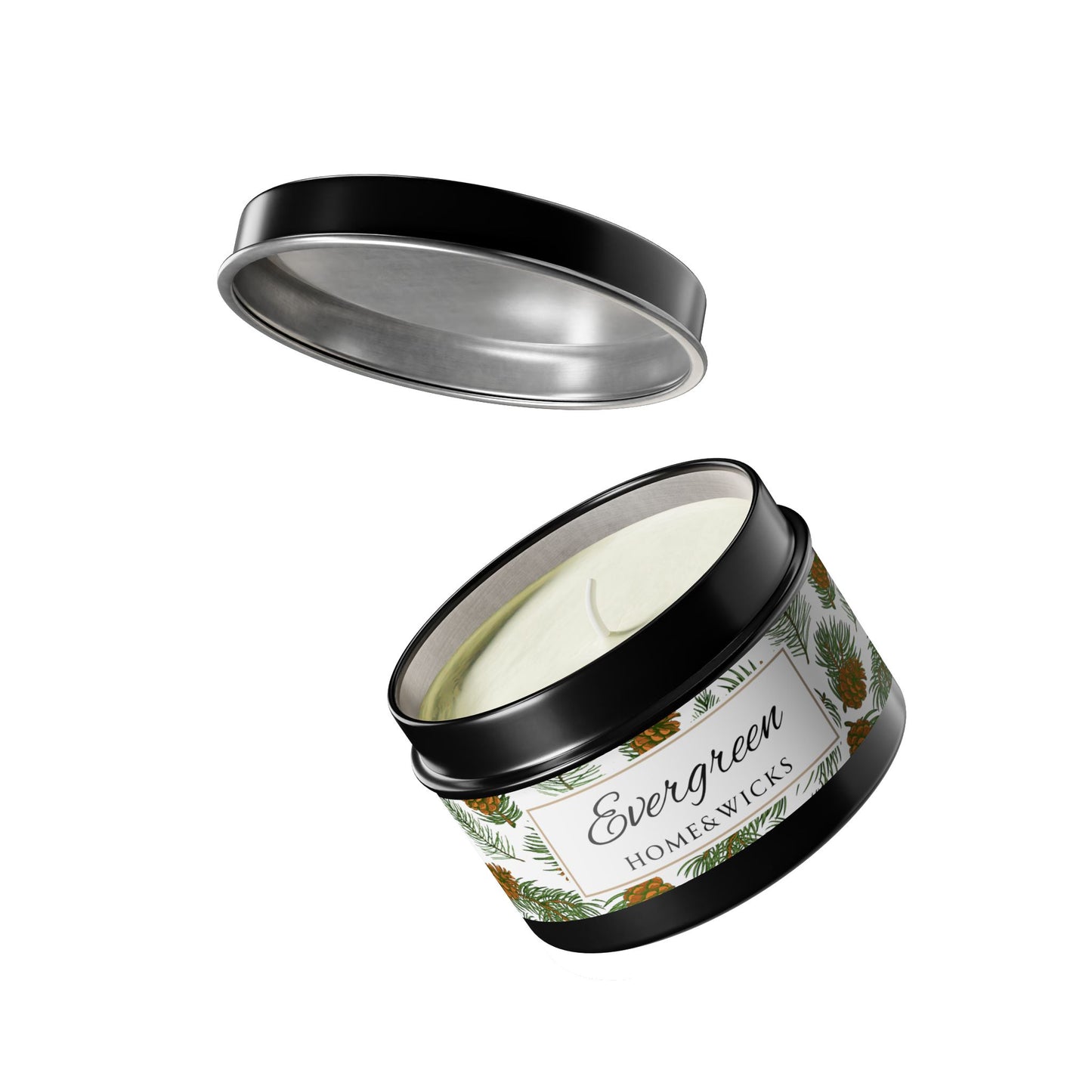 Evergreen Scented Coconut Soy Wax Candle, 4 oz. Black Tin Jar with Lid - Winter Home Decor, Seasonal Candles for Holiday Celebrations, Christmas Candle