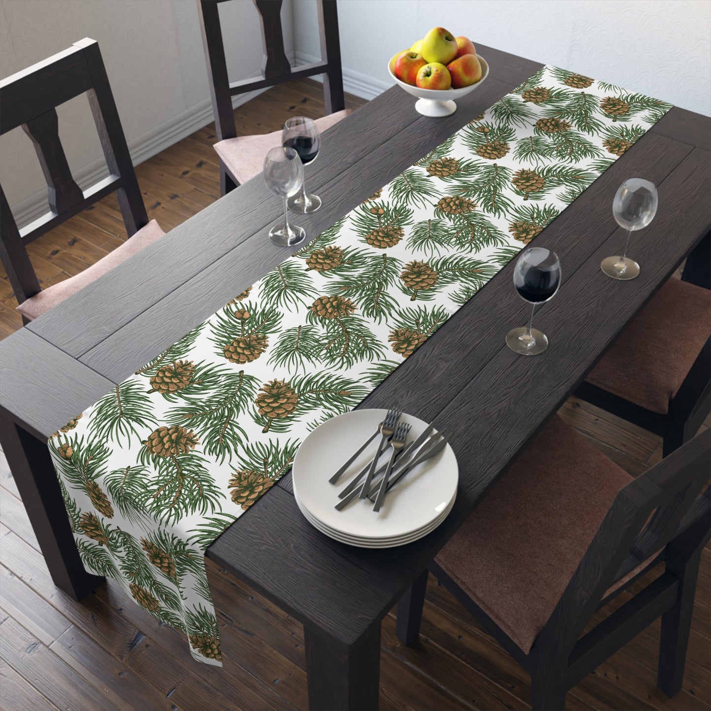 Needles & Cones Table Runner - 16" x 72" or 16" x 90" Size Options - Christmas Table Runner, Winter Table Decor, Holiday Table Runner - Cotton Twill or Polyester choices