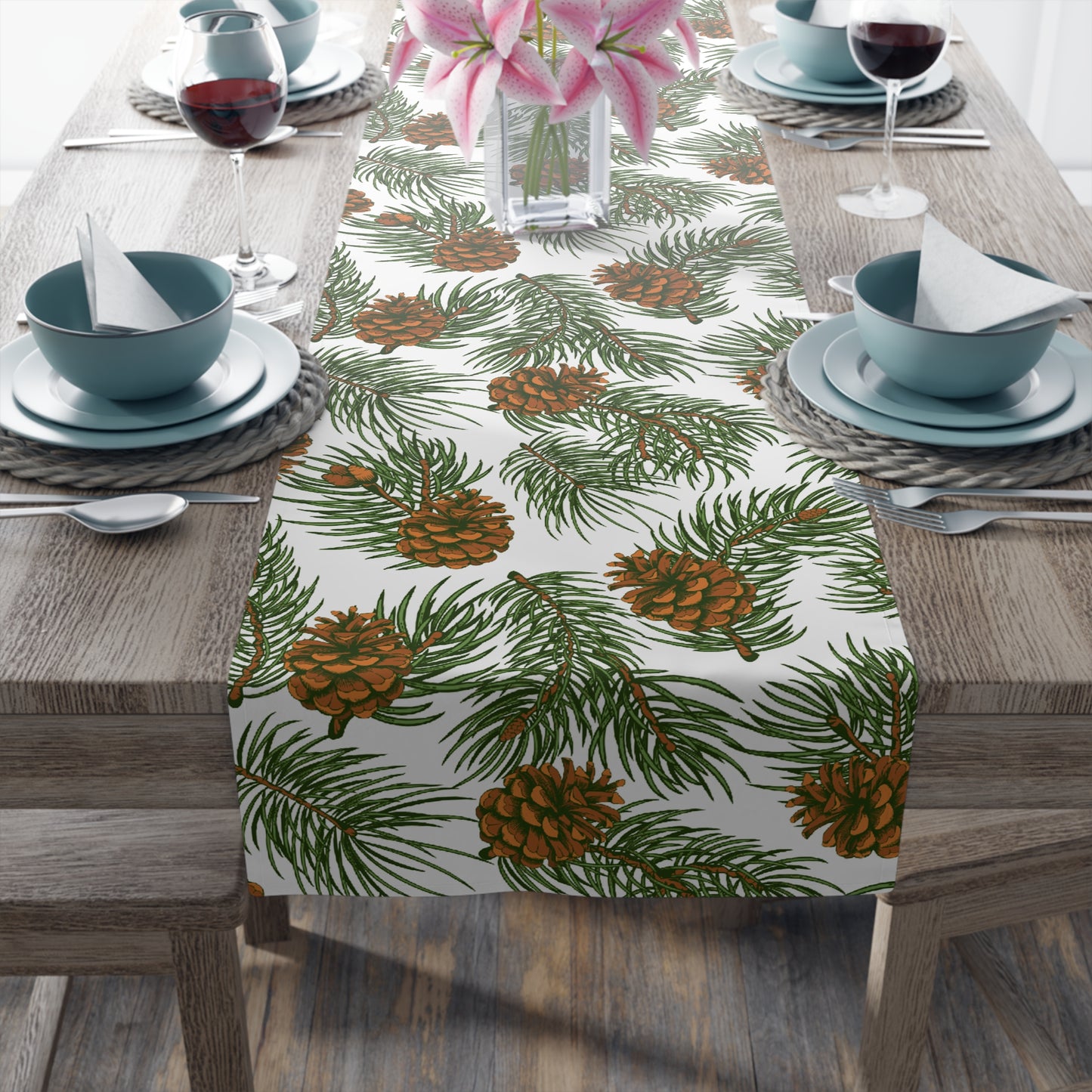 Needles & Cones Table Runner - 16" x 72" or 16" x 90" Size Options - Christmas Table Runner, Winter Table Decor, Holiday Table Runner - Cotton Twill or Polyester choices