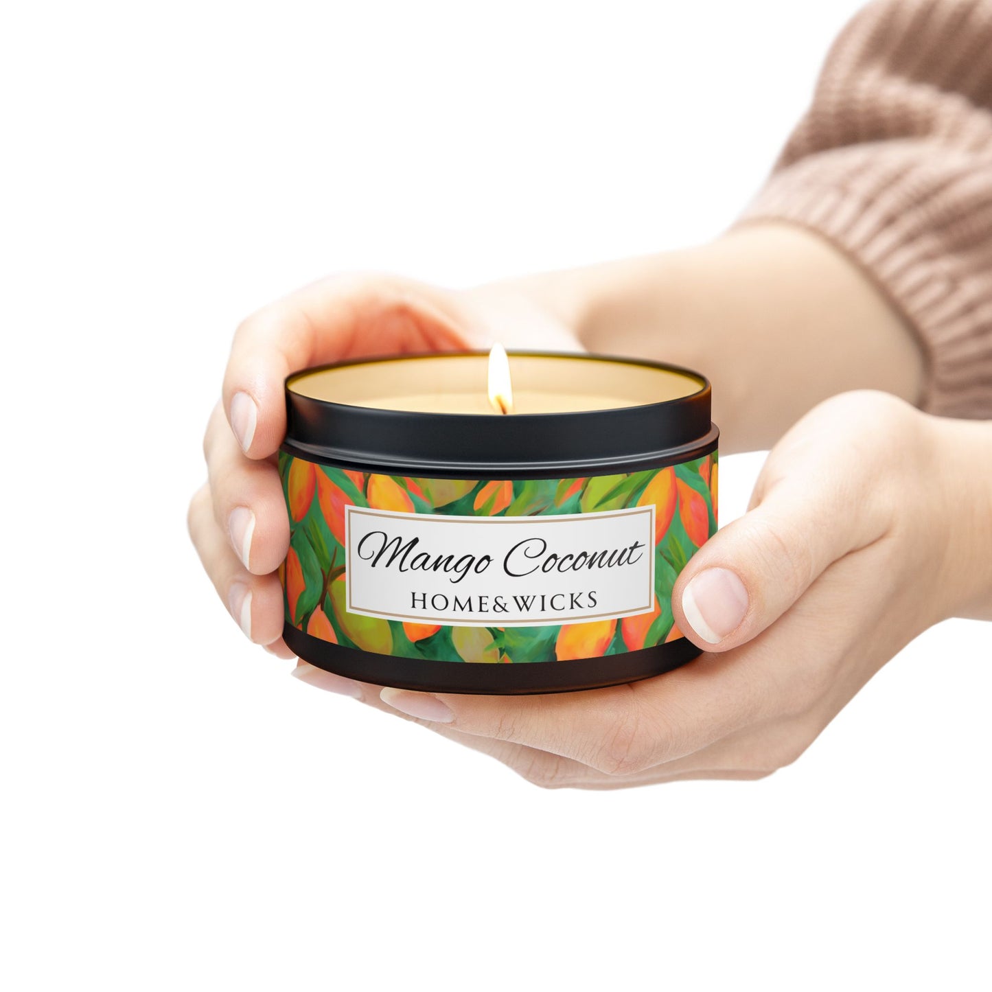 Mango Coconut Scented Coconut Apricot Wax Candle, 8 oz. Black Tin Jar with Lid - Fruity Candle, Gift for Her, Tropical Candle, Summer Decor