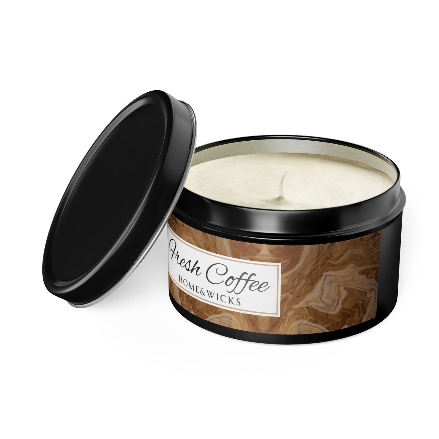 Fresh Coffee Scented Coconut Soy Wax Candle, 8 oz. Black Tin Jar with Lid -Coffee Lover Candle, Garamond, Aromatherapy Gift, Relaxing Coffee Candle