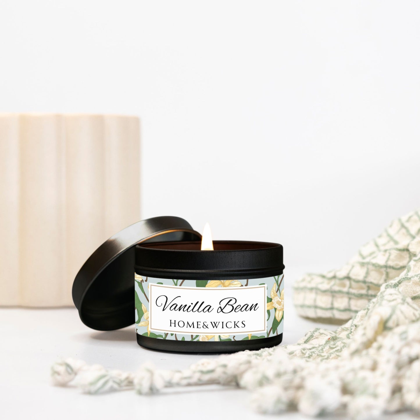 Vanilla Bean Coconut Soy Wax Candle, 4 oz. Black Tin Jar with Lid - Relaxing Vanilla Candle, Gift for Her, Vanilla Aromatherapy