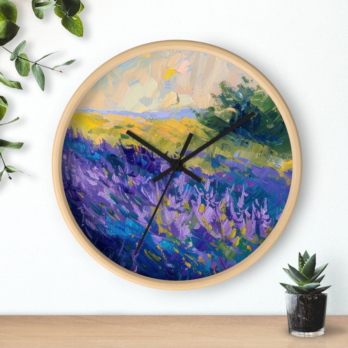 Lavender Fields Wall Clock - Select from Black, White or Natural Wood Color
